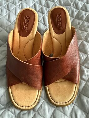 Born Brown Leather Crisscross Slide Sandals